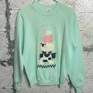 Jerzees vintage cow sheep pig duck kitschy Pastel Green Graphic Women's Sweater
